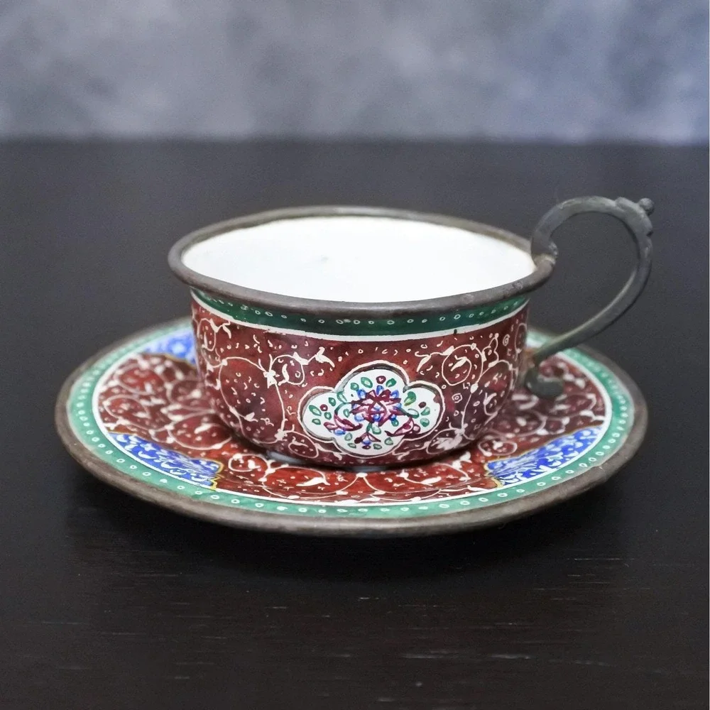 Antique Persian Minakari Enamel Floral Birds Tea & Coffee Cups Saucers Tray Set